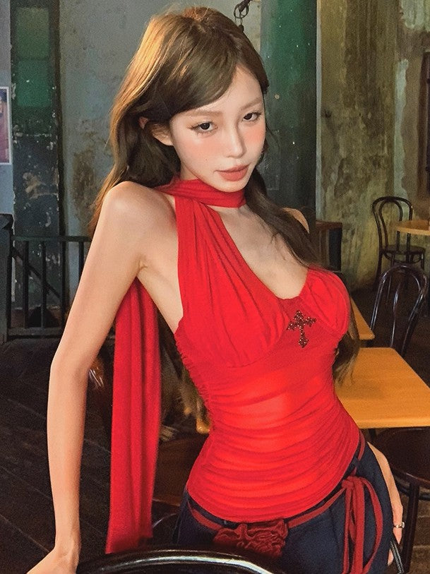 'Dazzling Summer' Mesh Halter Scarf Tube Built-In Padding Top AlielNosirrah