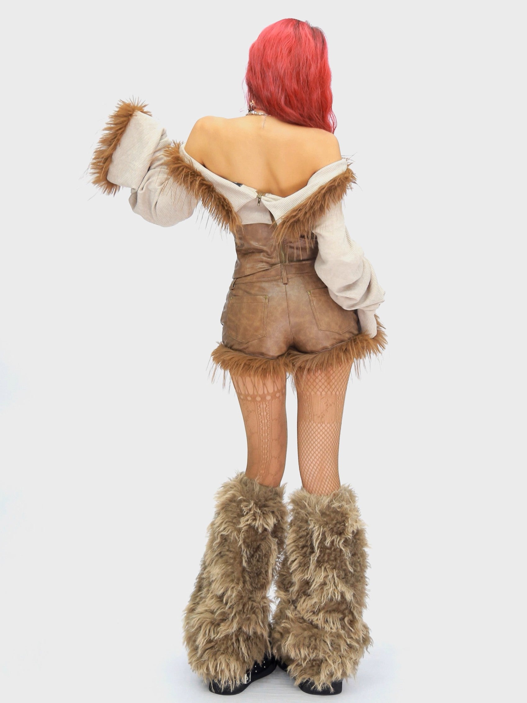 ’Wild Heart' Y2K Faux Fur Off-Shoulder Long Sleeve Top + Shorts Set (Copy) AlielNosirrah