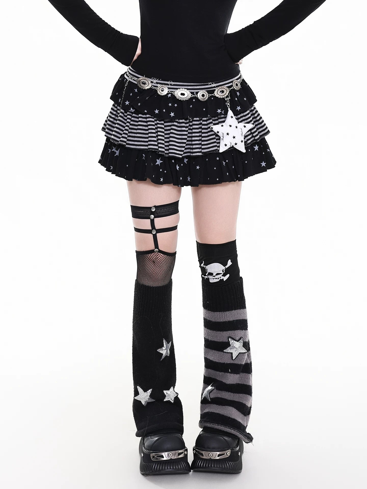 'Star Glow' Y2K Patchwork Striped Star Puffy Skirt AlielNosirrah