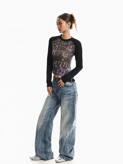 'Dreaming' Vintage Print Mesh Patchwork Long Sleeve Top AlielNosirrah