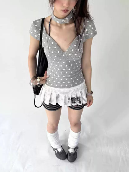 'Tea time' Coquette Polka Dot V-Neck Shirts With Angel Wing Choker AlielNosirrah