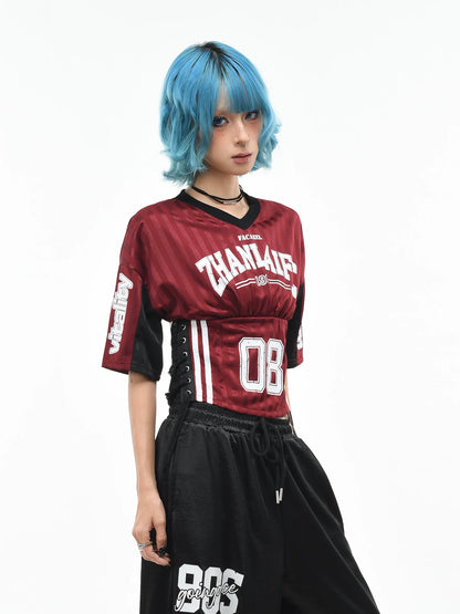 'Kickoff' Y2K V-Neck Cropped Football Jersey Top