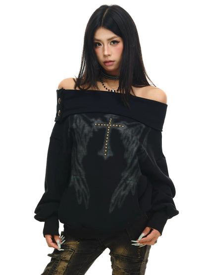 'Cross Lune' Retro Vintage Lapel Off Shoulder Top