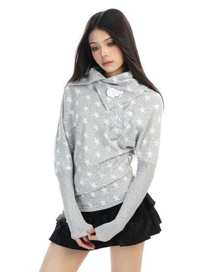 'Star Era' Allover Star Print Asymmetrical Long Sleeve Top AlielNosirrah
