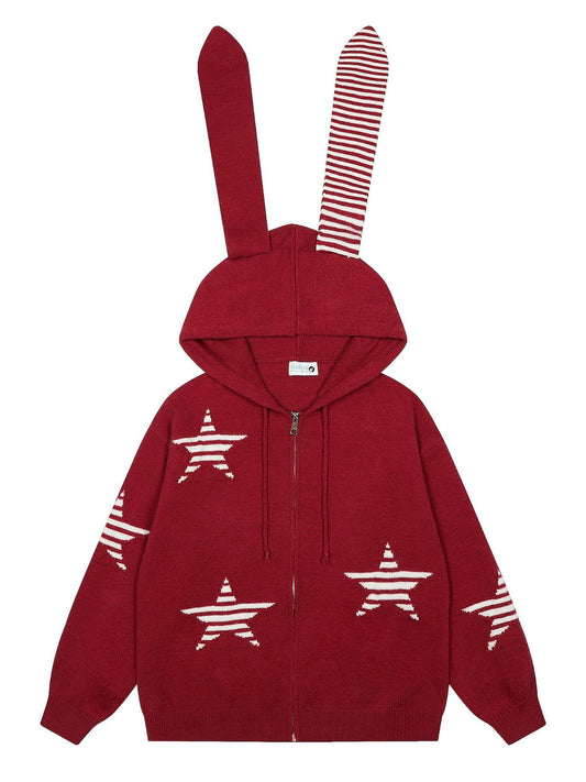 'Astro Bunny' Star Hooded Bunny-Ear Zip-Up Knit Cardigan AlielNosirrah