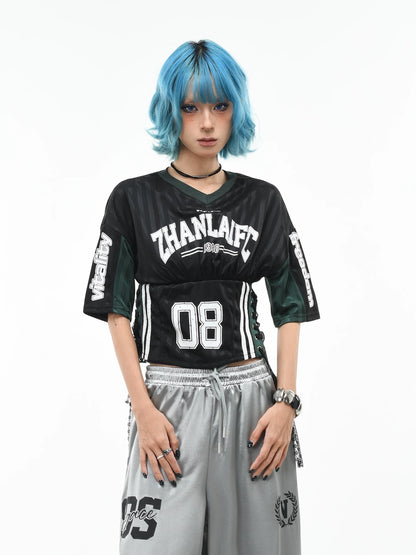 'Kickoff' Y2K V-Neck Cropped Football Jersey Top