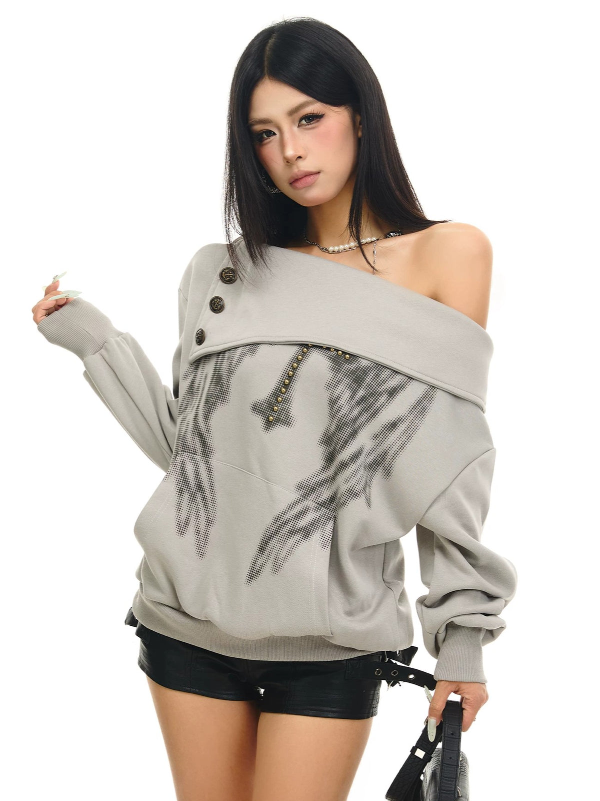 'Cross Lune' Retro Vintage Lapel Off Shoulder Top