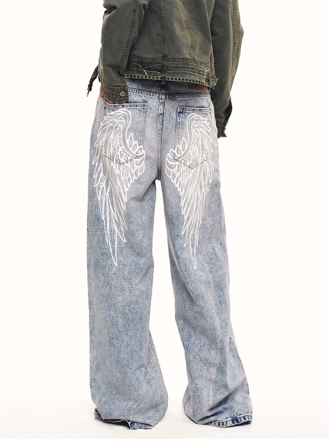 'Faded Wing' Retro Wing Graphic Print Gradient Washed Denim Pants