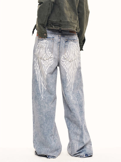 'Faded Wing' Retro Wing Graphic Print Gradient Washed Denim Pants