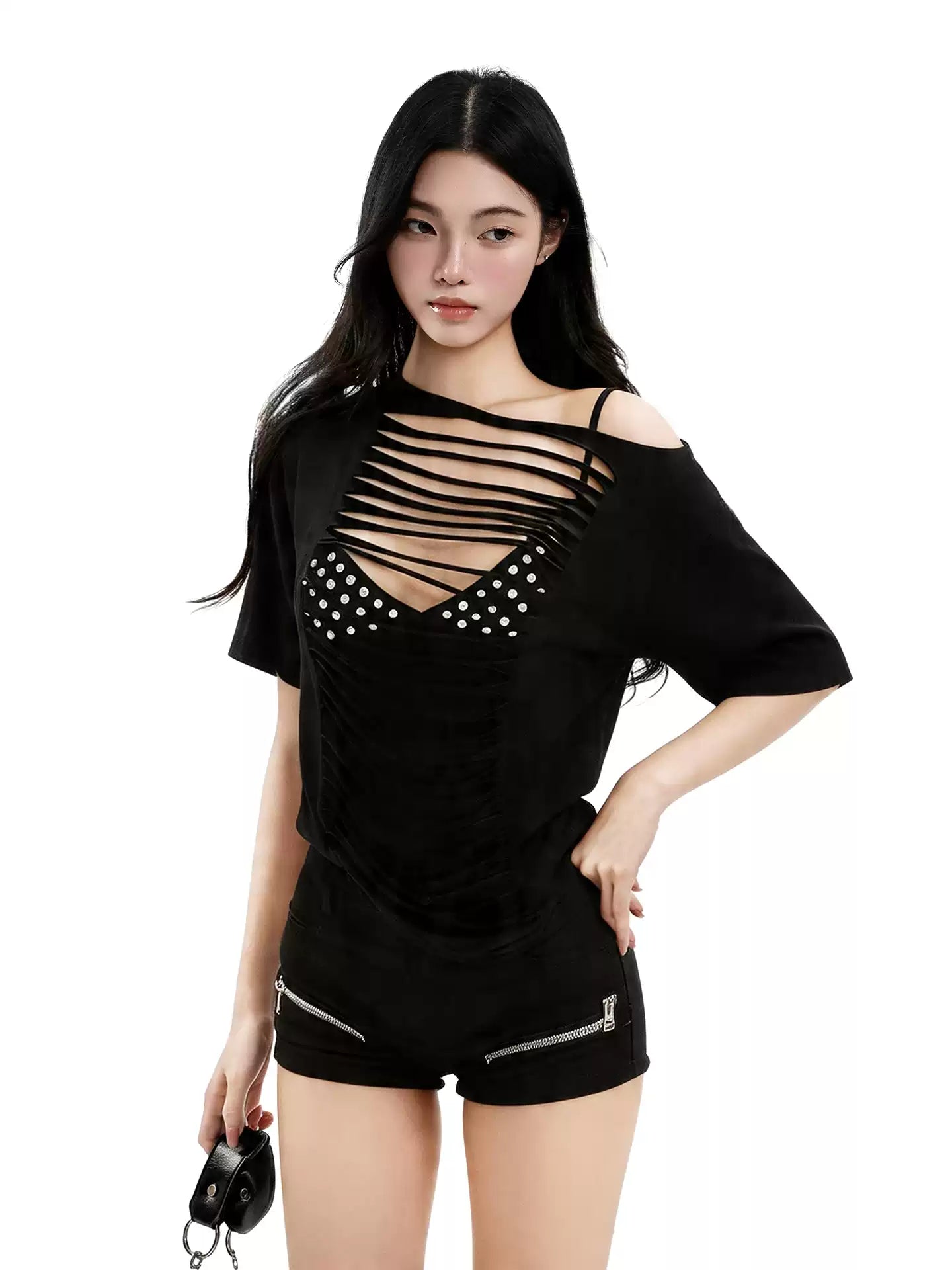 'Black Static' Black Cut-Out Off-Shoulder T-Shirt AlielNosirrah