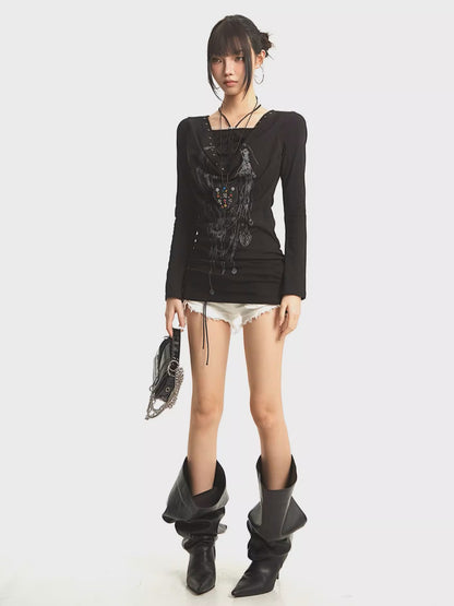 ’Kiss Chain' Faux-Layered Lace Trim Chain-Print Slim Fit Long Sleeve Top AlielNosirrah