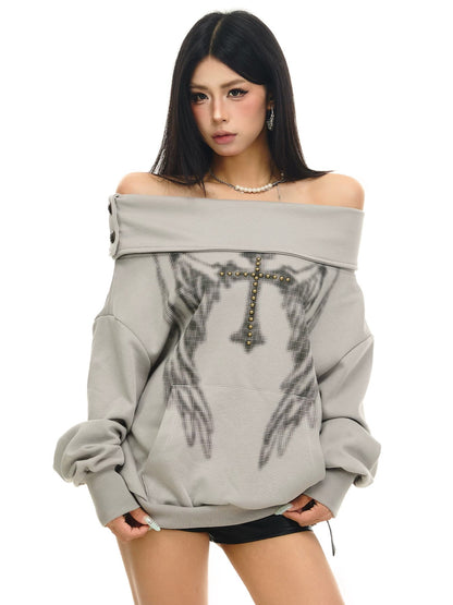'Cross Lune' Retro Vintage Lapel Off Shoulder Top