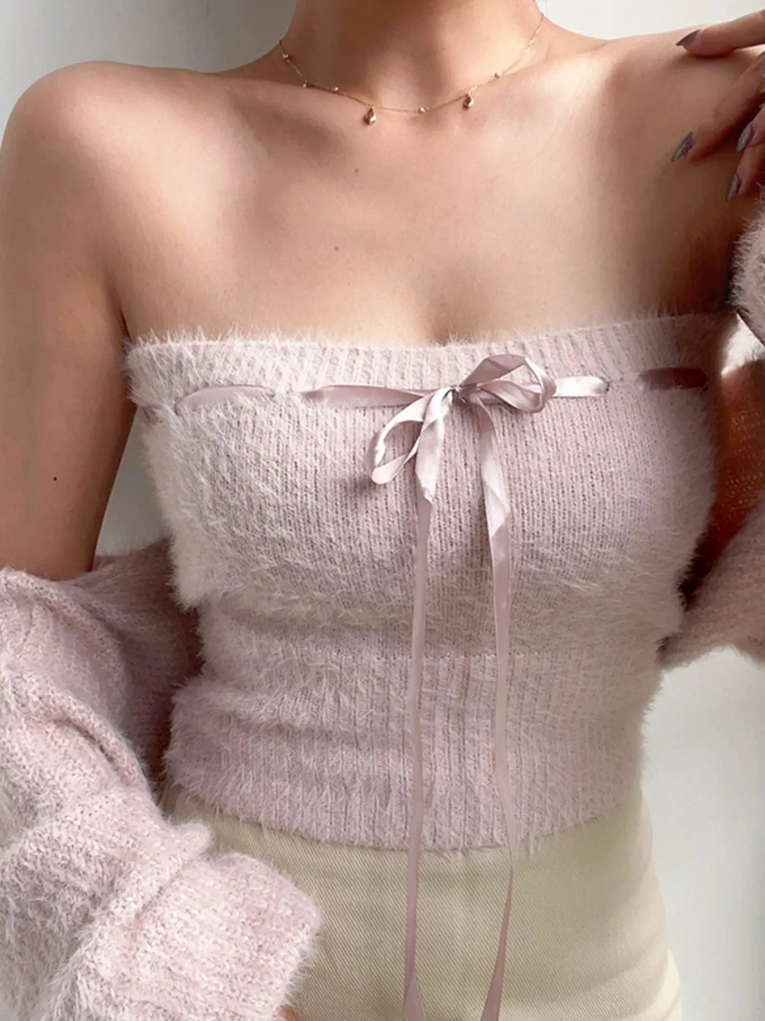 'Pink Clouds' Mohair Soft Pink Coquette Ribbon Sweater Set AlielNosirrah