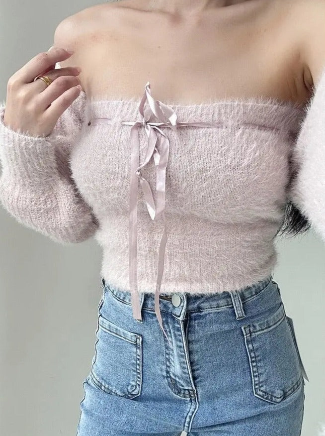 'Pink Clouds' Mohair Soft Pink Coquette Ribbon Sweater Set AlielNosirrah