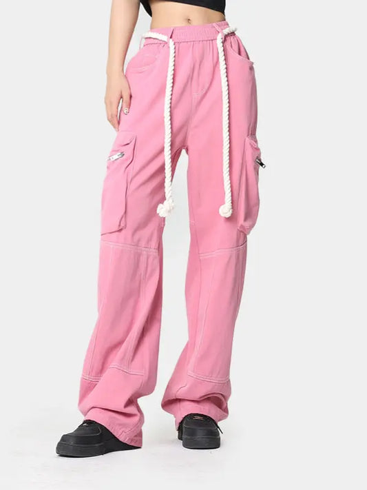 'Pink Wall' Barbie Core Rope Belt Oversized Cargo Pants AlielNosirrah