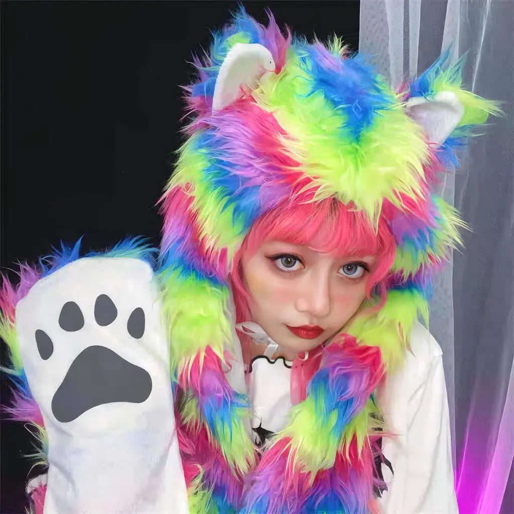 'Rainbow Bear' Furry Pride Pastel Rainbow Hooded Scarf AlielNosirrah