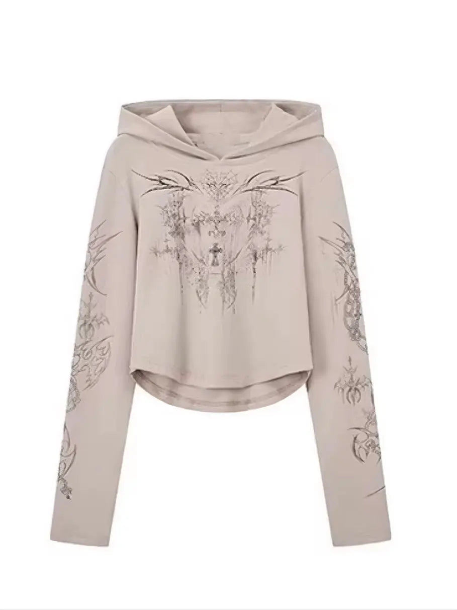 ‘Roses and Bongs’ Cross Print Subculture Off-Colored Cotton Hooded Top AlielNosirrah