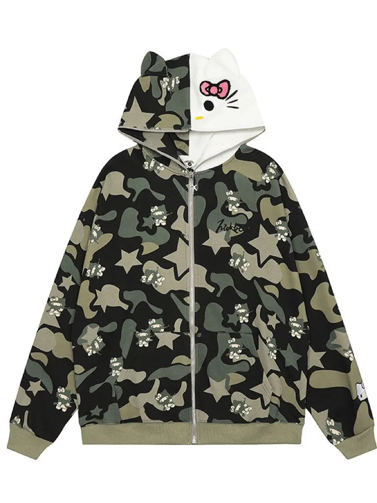 'Wild Kitty' Kawaii Kitty Face Zipped Oversized  Hoodie AlielNosirrah