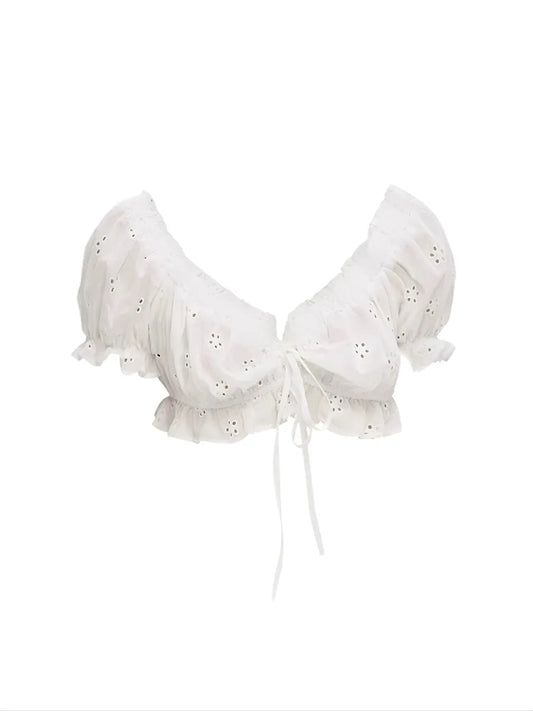 'Coconut Kiss'  Boho Style Off Shoulder Hollow Out Ruffle Crop Top AlielNosirrah
