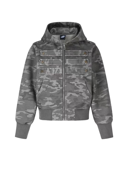 'Star Relic' Retro Distressed Star‑Shaped Buckles Camouflage Hooded