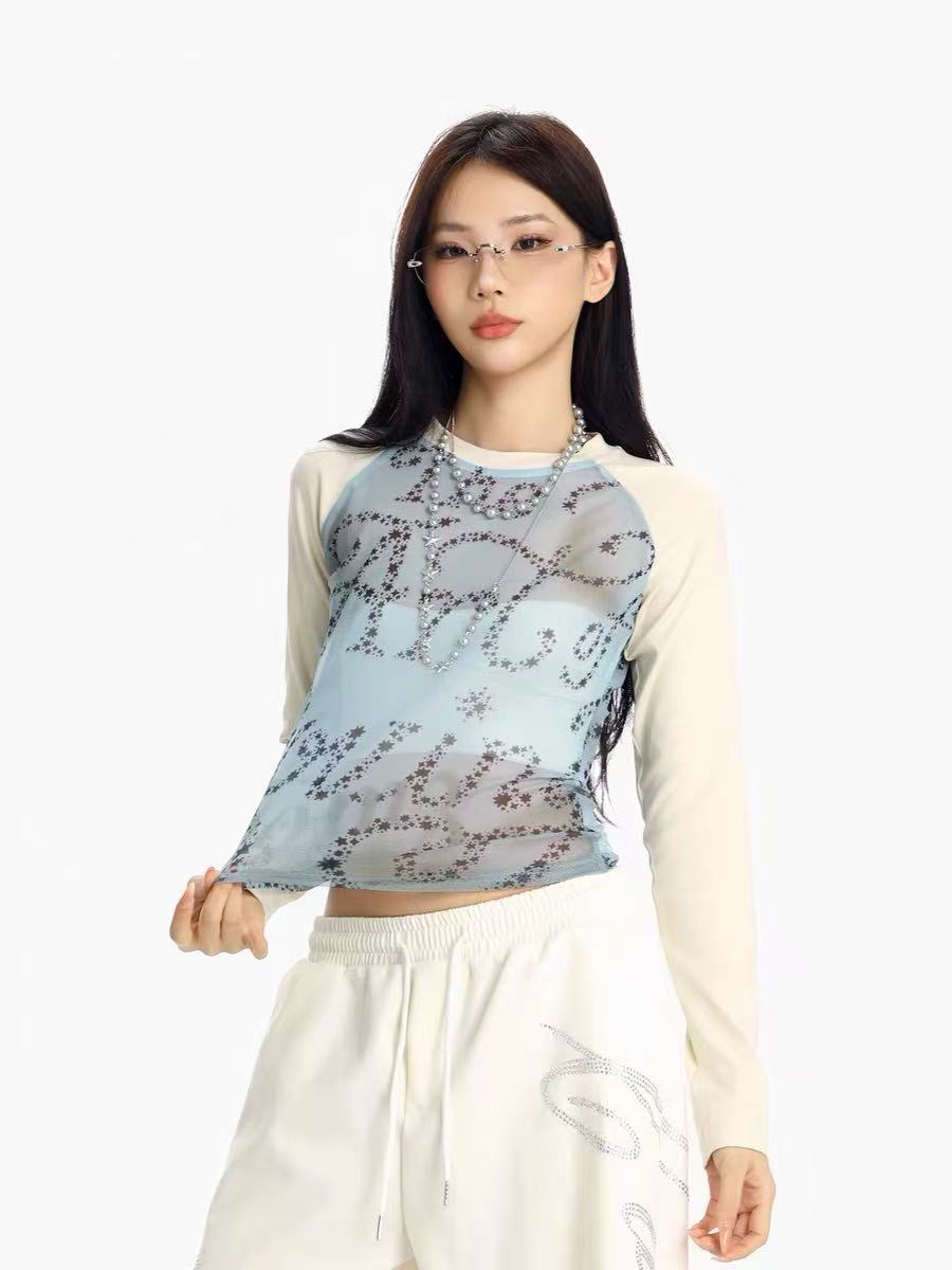 'Dreaming' Vintage Print Mesh Patchwork Long Sleeve Top AlielNosirrah