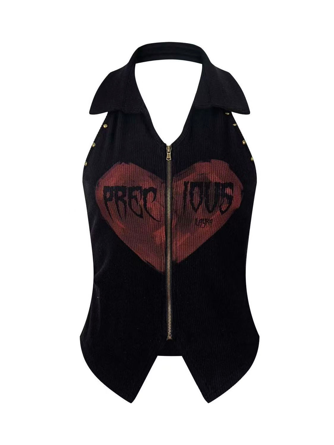 'Vice Graphic' Vintage Studded Zip-Off Shoulder Sleeveless Top AlielNosirrah