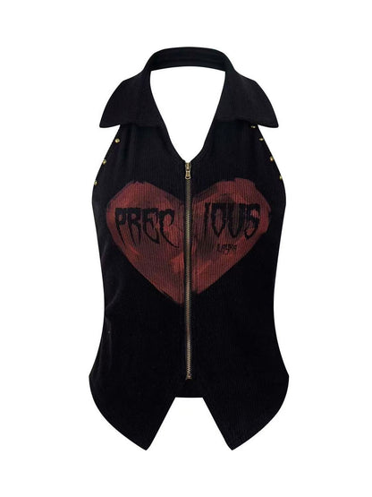 'Vice Graphic' Vintage Studded Zip-Off Shoulder Sleeveless Top AlielNosirrah