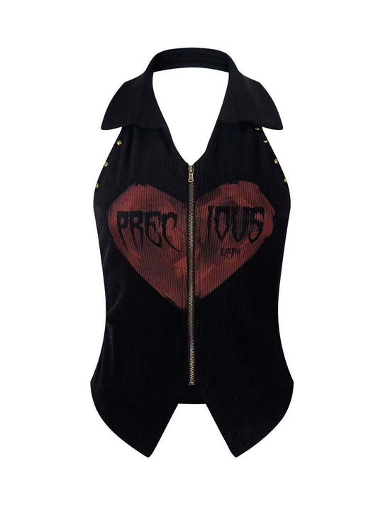 'Vice Graphic' Vintage Studded Zip-Off Shoulder Sleeveless Top AlielNosirrah