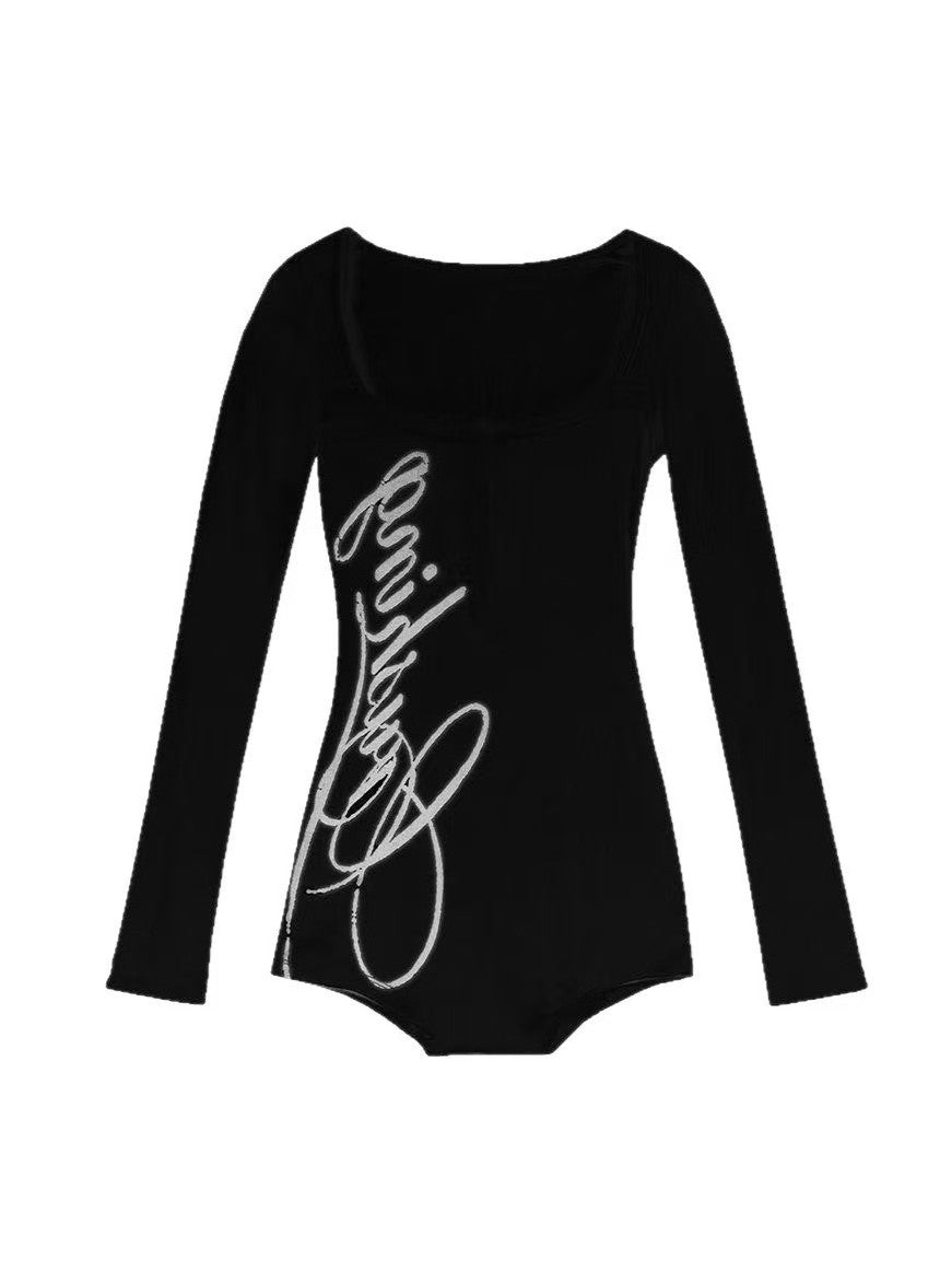 'LetterBabe' Letter Print Square Neck Long Sleeve Fitted Romper Top AlielNosirrah