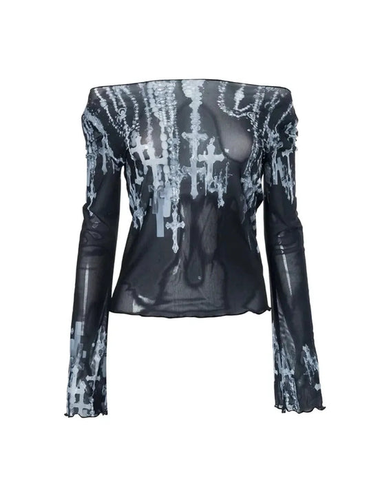 'Blight' Grunge Black & White See Through Dark Cross Mesh Shirts AlielNosirrah
