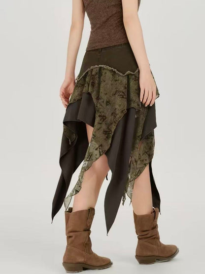 'WasteAsym' Wasteland Style Irregular Denim Midi Skirt