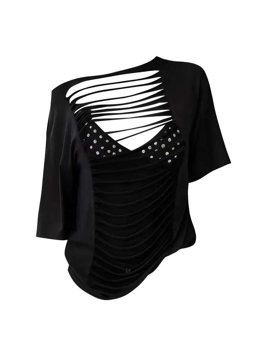 'Black Static' Black Cut-Out Off-Shoulder T-Shirt AlielNosirrah