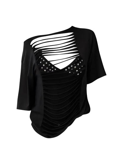 'Black Static' Black Cut-Out Off-Shoulder T-Shirt AlielNosirrah