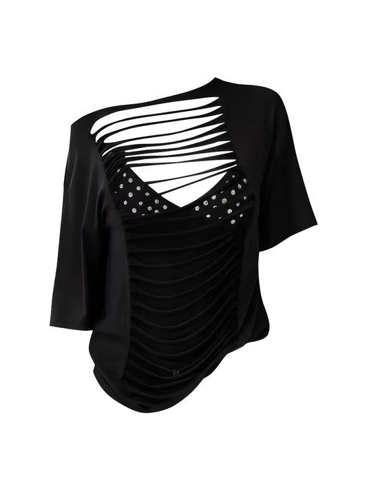 'Black Static' Black Cut-Out Off-Shoulder T-Shirt AlielNosirrah
