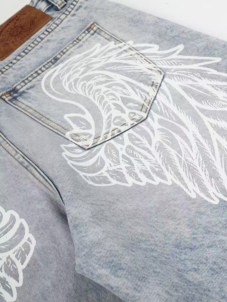 'Faded Wing' Retro Wing Graphic Print Gradient Washed Denim Pants