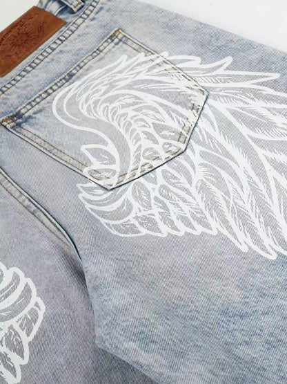 'Faded Wing' Retro Wing Graphic Print Gradient Washed Denim Pants