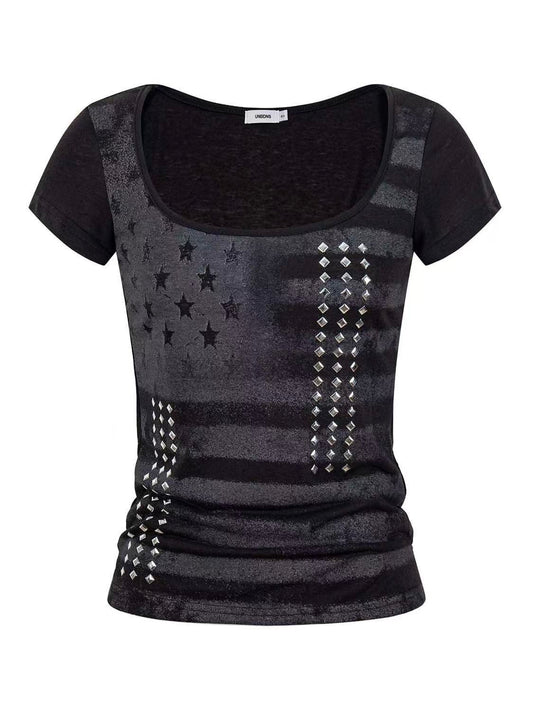 'Vintage District' Vintage Studded Striped Print T-Shirt AlielNosirrah