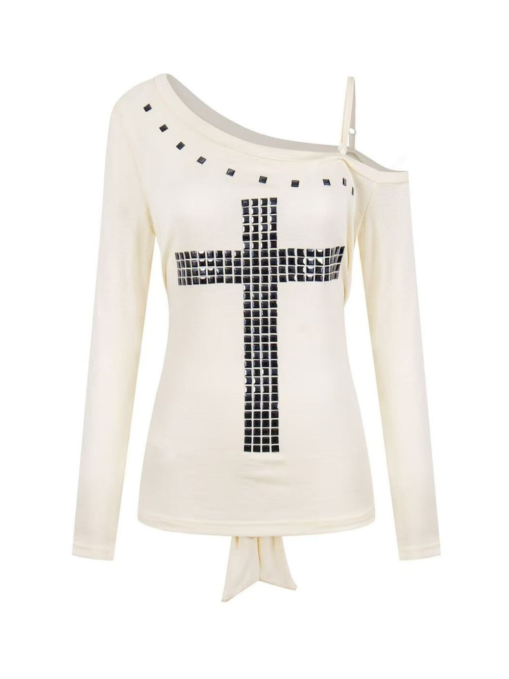'CrossSlant' Cross Rivet Asymmetric Off Shoulder Long Sleeve