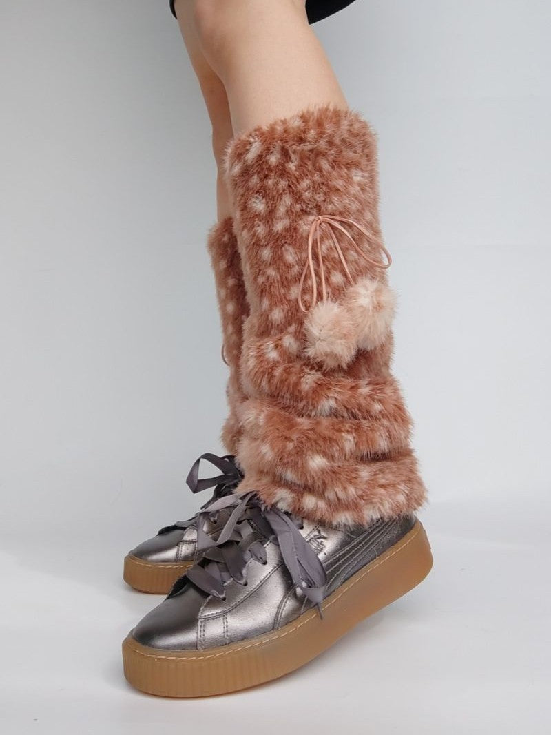 'Deer Pom-Poms' Christmas Fuzzy Faux-Leather Lolita Leg Warmers AlielNosirrah