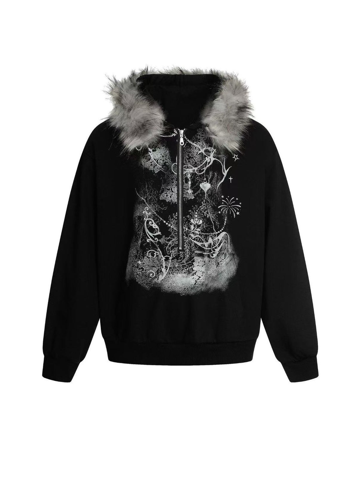 'Lonely Island' Y2K Detachable Furry Hood Printed Half-Zip Hoodie