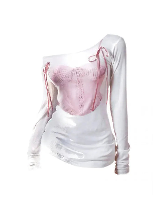 'White Swan' Coquette Ribbon Corset Print Shirts AlielNosirrah