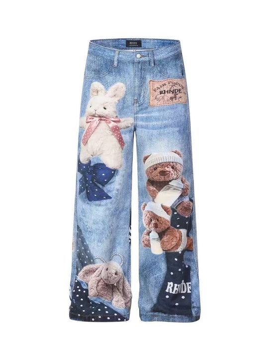 'Fuzzy Friends' Streetstyle Oversized Cute Animals Print Straight-Leg Jeans (Copy) AlielNosirrah