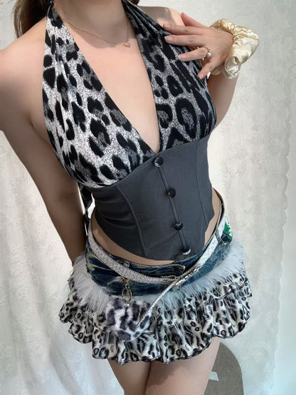 'Leopard Bite' Patchwork Denim Mini Skirt AlielNosirrah