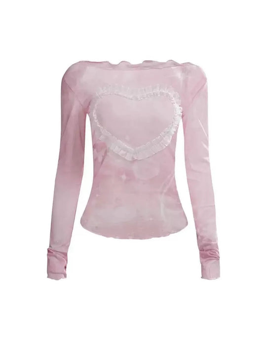 'Spring Aura' Y2k Heart Shape See Through Ruffle Shirts AlielNosirrah