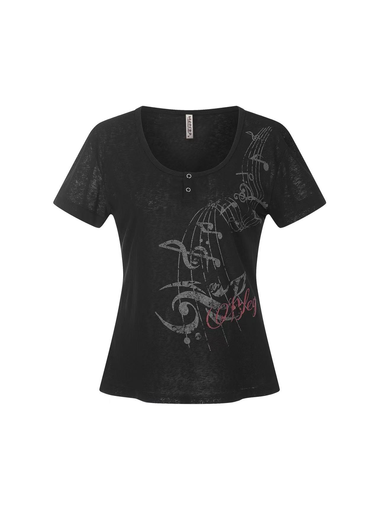 'Melody Era' Music Note Print Scoop Neck T-Shirt AlielNosirrah