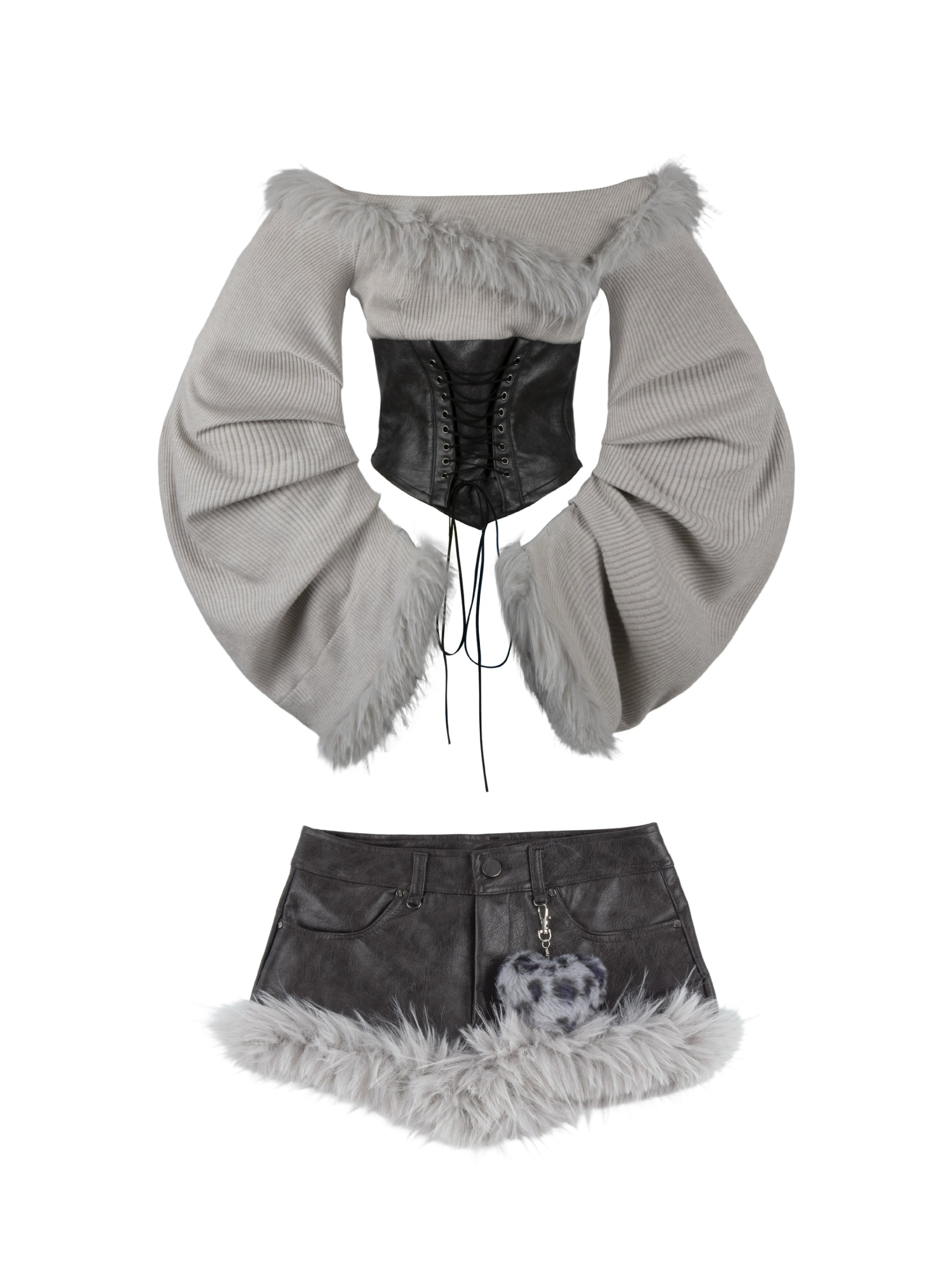 ’Wild Heart' Y2K Faux Fur Off-Shoulder Long Sleeve Top + Shorts Set (Copy) AlielNosirrah