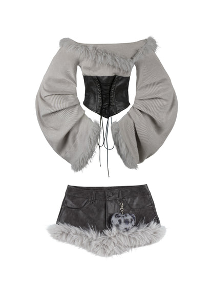 ’Wild Heart' Y2K Faux Fur Off-Shoulder Long Sleeve Top + Shorts Set (Copy) AlielNosirrah