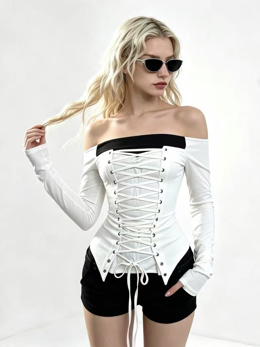 'Cream Bandage' White Off Shoulder Tie Waist Fitted Top