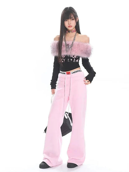'Pink Shake'Y2k Soft Pink Fleeced Bell Shape Pants AlielNosirrah