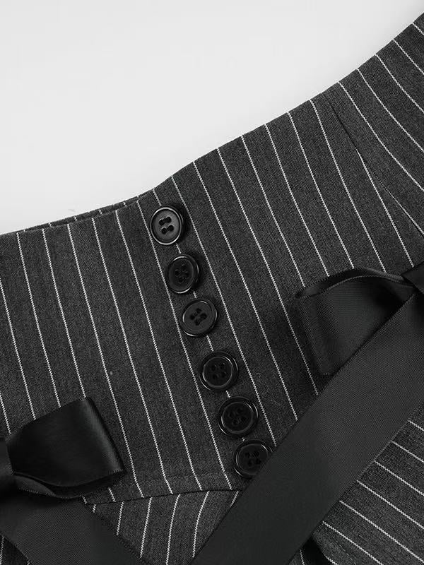 'Grey Puppet' Grey Stripe Lace Bow Pleated Mini Skirt